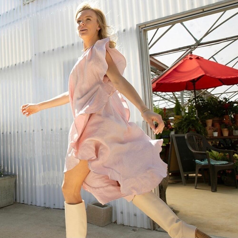 Jag Dress Midi Eden Pink Linen S/M Ruffle Flowy Chic Preppy Kaftan Beachy Boho